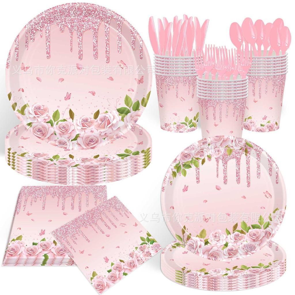 Elegant Pink Diamond Flower Disposable Tableware Set Wedding Birthday Party Plates Cups Decor