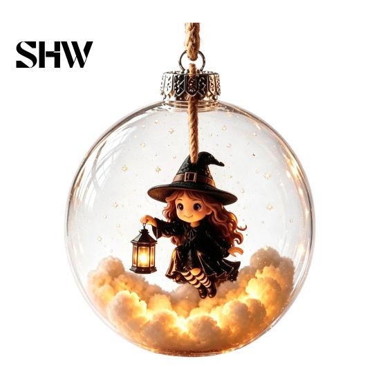 Halloween Hanging Decoration Glowing Sphere, Lighted Clear Ball Ornament, Cute Witch Seasonal Home Cat, LED for Indoor Mantel Party Decor Garden