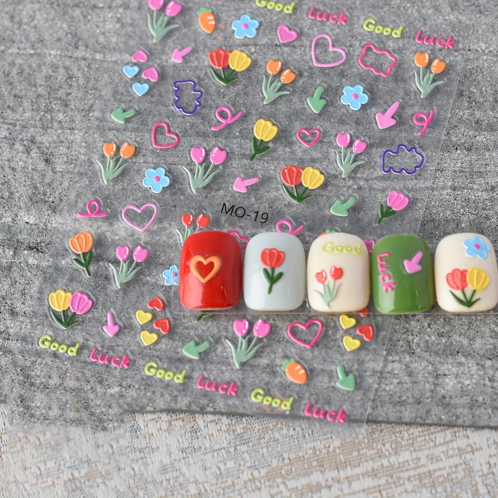 1pc 3D Embossed Flower Nail Art Stickers - Cartoon Cute Self-Adhesive Glossy Nail Decals with Vibrant Floral Designs, Hearts & Stars for DIY Manicure