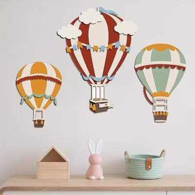 3Pcs Wooden Hot Air Balloon Wall Art Hand-Painted Rustic Hanging Decor for Bedroom Classroom Christmas Cute Nursery Ornament Boho Home Accent