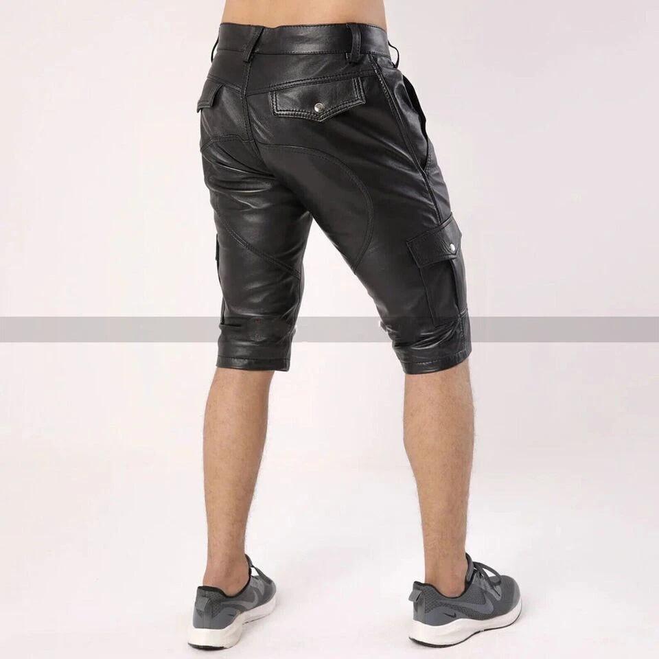 Black Unique Handmade Men's Genuine Lambskin Leather Shorts Boxer Sports Stylish