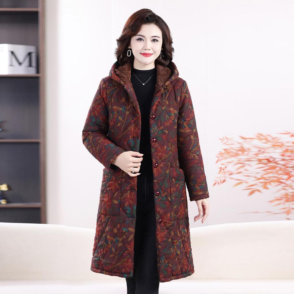 Stylish and Warm Mid-Length Floral Cotton Jacket for Middle-Aged Women, Plus Velvet, Thickened for Winter