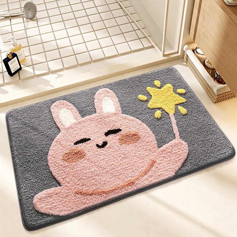 Cute Rabbit Series Super Soft Bath Mat - Thickened Flocked Machine-Washable Bathroom Rug, Non-Slip Decorative Doormat for Home
