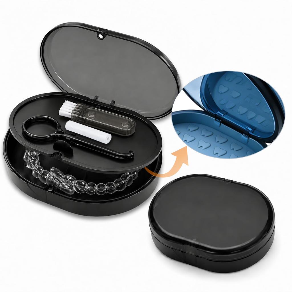 Boîtier de gouttière, Boîtier de pièce buccale, Boîtier de prothèse dentaire, Étui portable avec miroir et brosse de nettoyage, Étanche à la poussière, Compact, Lavable, Rangement propre, Voyage,