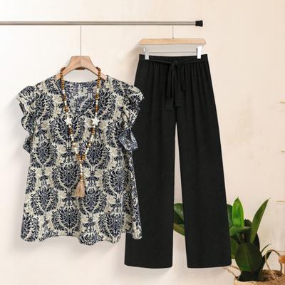 2 buc/set femei top pantaloni set guler rotund retro imprimare mâneci scurte bluză picior larg talie elastică pantaloni zilnic agrement bunică lejer ținută