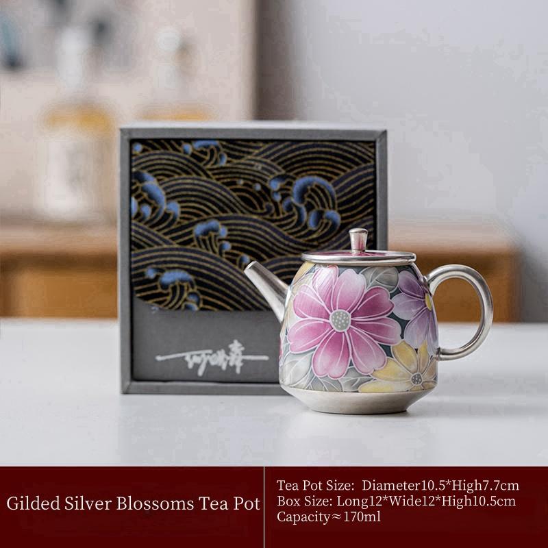 170ml Master He Fusen Hand Made Gilded Silver Blossoms Tea Pot Gilded Silver Tea Set Colorful Tea Pot KungFu Tea Set Collection