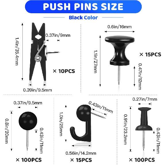 240Pcs Black Push P,5 Style Thumb Tacks, Black Plastic Push P for Bulletin Boards, Cork Board,Wall,Cork Board Accessories, Office Home Supplies