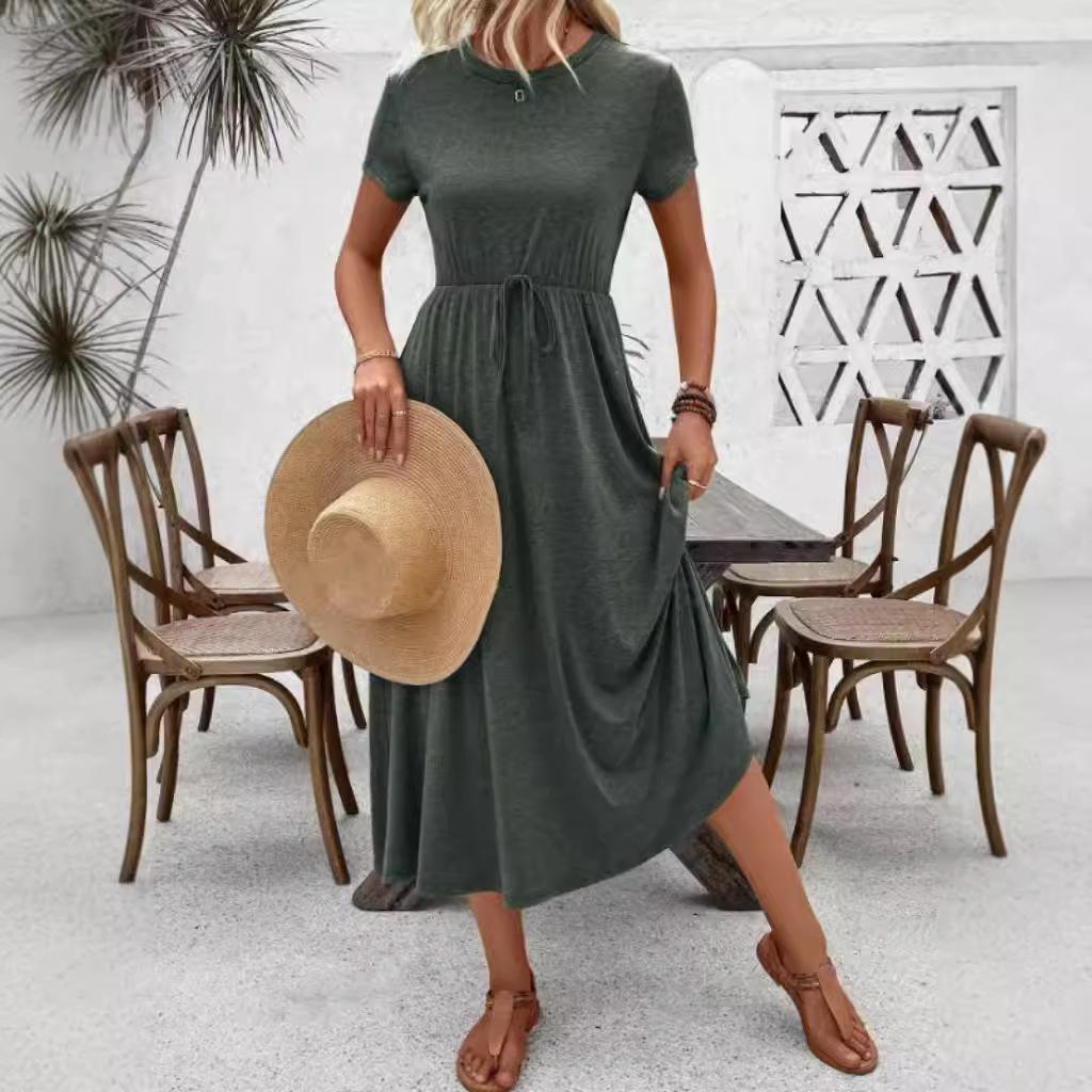 Round Neck Dress Women's Summer Solid Colour Short Sleeve Plus Size Dresses