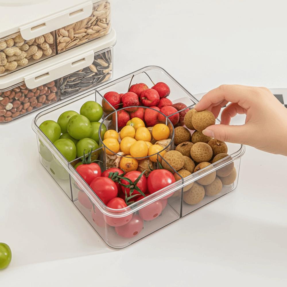 5 Grid Divided Plate with Lid Food Grade Plastic Fruit Storage Box  Snack Vegetable Fruit