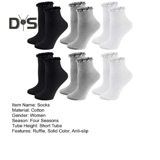 6 Pairs Women Socks Ruffle Edge Solid Color Anti-slip High Elasticity Ankle Length Low-cut Daily Sport Socks Great Gift for Mom Wife Daughter