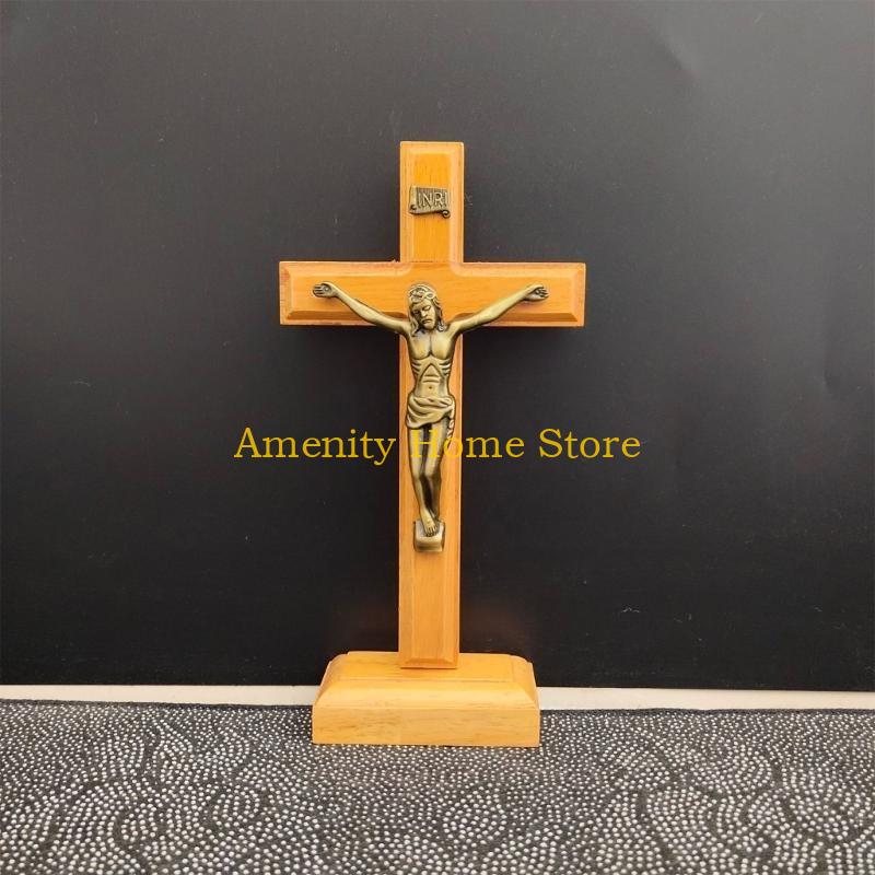 F26C Wood Catholic Jesus Cross Crucifix with Stand Religious Prayer Tabletop Decoration Home Shelf Tabletop Ornaments Gift