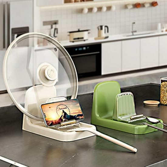 Cream Multifunction Kitchen Rack: Lid, Spoon & Spatula Organizer