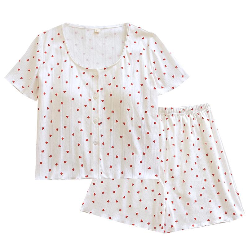 Summer Pure Cotton Pajamas Female Princess Style Sweet Cardigan Short-sleeved Shorts Love Two-piece Set Thin Loungewear