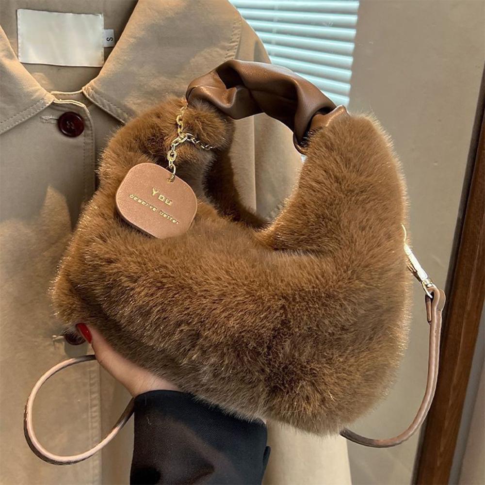 Fashiable Plush Handbag for Women s Solid Color Soft Fluffy  Shoulder Bag Autumn Winter Soft Plush Crossbody Bag