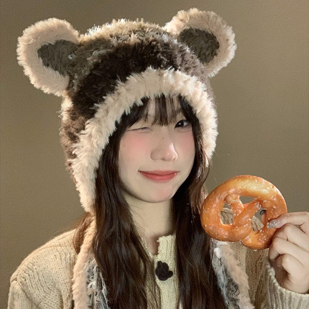 Korean Faux Fur Bucket Hat Plush Women Fluffy Hat Fashion Cute Bear Ear Hat  Female