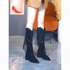 Stylish 2024 Fall Winter Black And Dark Brown Women's High Shaft Fringe Suede Knight Boots With Side Zipper Design
