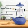 Stylish Iron Teapot, No Enamel, Induction Compatible, for Direct Heat, Blue Cherry Blossom Design, 1000ml