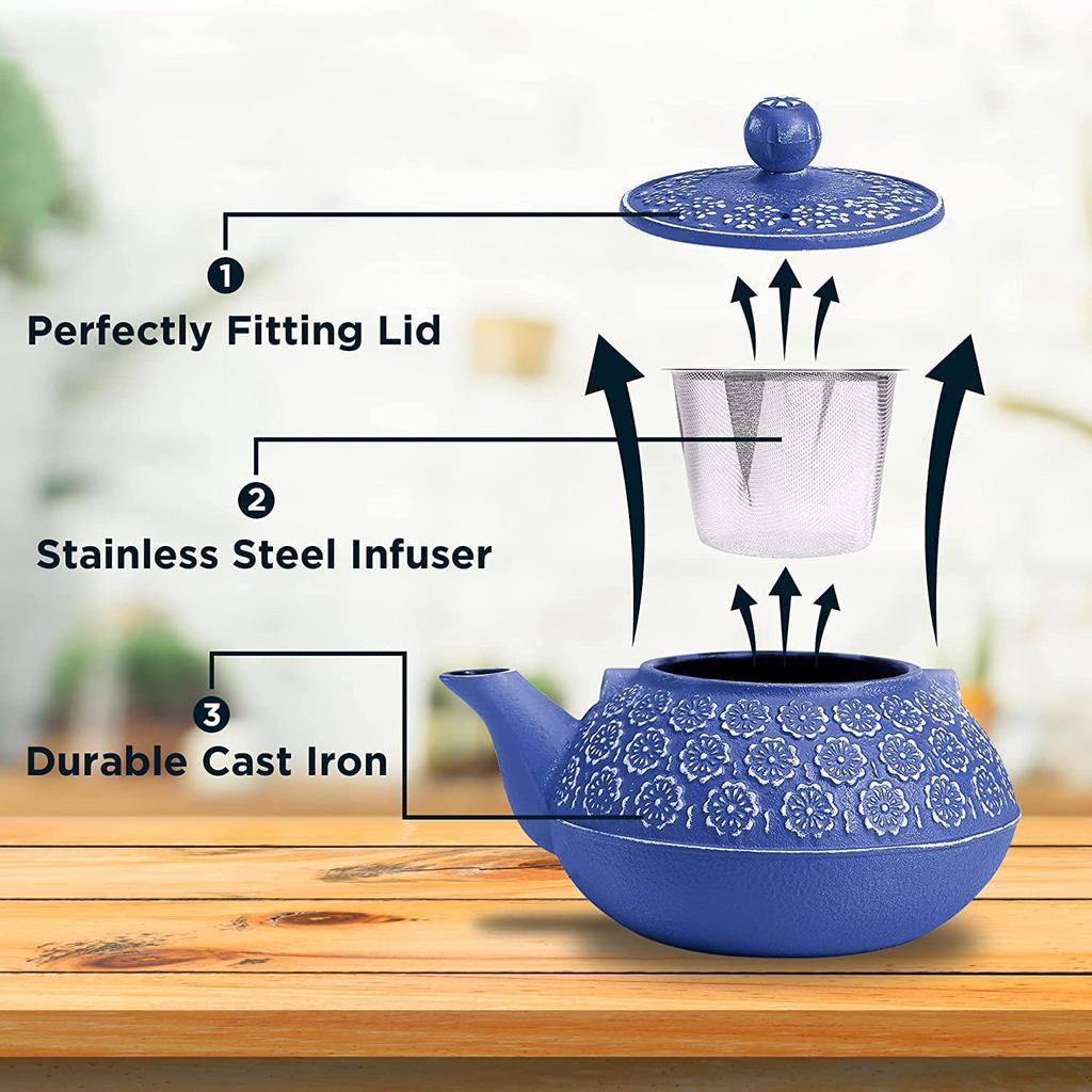 Stylish Iron Teapot, No Enamel, Induction Compatible, for Direct Heat, Blue Cherry Blossom Design, 1000ml
