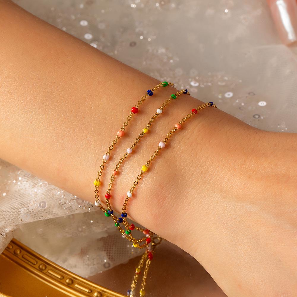 Multicolor Drip Round Bead Gold Layered Bracelet Necklace Set - Ethnic Style Titanium Steel Jewelry.