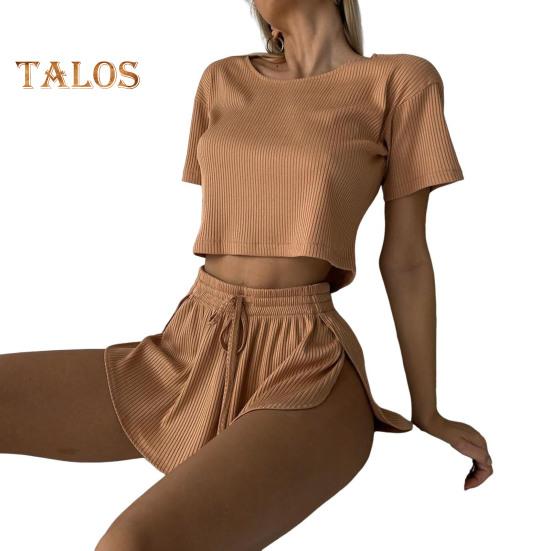 2 Pcs/Set Women Pajamas Set Round Neck Pure Color Short Sleeves T-shirt Elastic Waist Loose Shorts Sport Clothes Lady Exercise Top Shorts Set