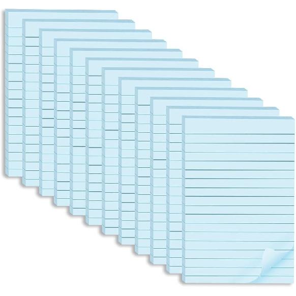 (12 Pads) Lined Sticky Notes 4x6 in Ruled Stickies Super Sticking Power Memo Pads, Light Blue