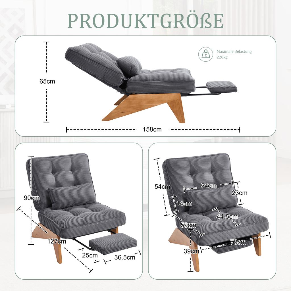 Modern Adjustable Backless Fabric Lounge Chair with Footrest, Lumbar Cushion and Wooden Legs for Living Room/bedroom/study Room (grey Corduroy)