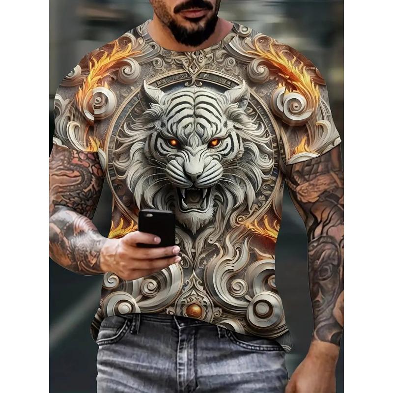 3D Print Animal Tiger Totem T-Shirt For Men Summer Short Sleeve Casual Tee Shirts Clothes Mens Tiger Printed Oversized Tshirts S