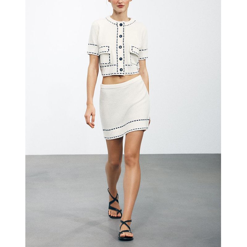 Summer New Product Women's Clothes Contrast Color Seized String Decoration Creative Fashion round Neck Short Sleeves Knitting Outwear 3920148