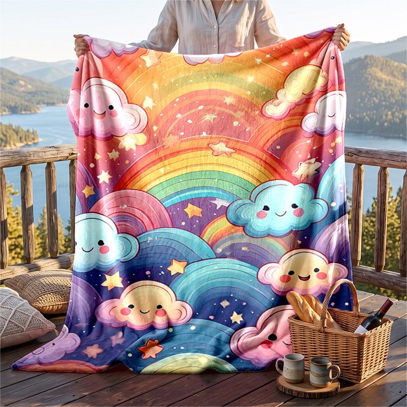 Warm Flannel Blanket Rainbow Sun Pattern, Lightweight Comfortable Throw Blanket for Bed Sofa Use