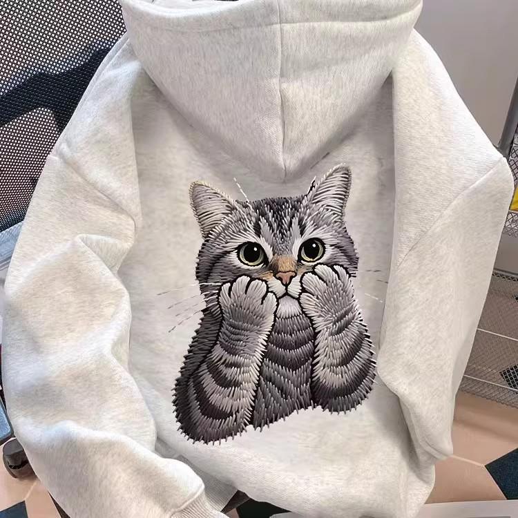 Unisex Retro Oversized Kapuzenpullover mit Katzenstickerei - Trendige Herbst-/Winterkleidung