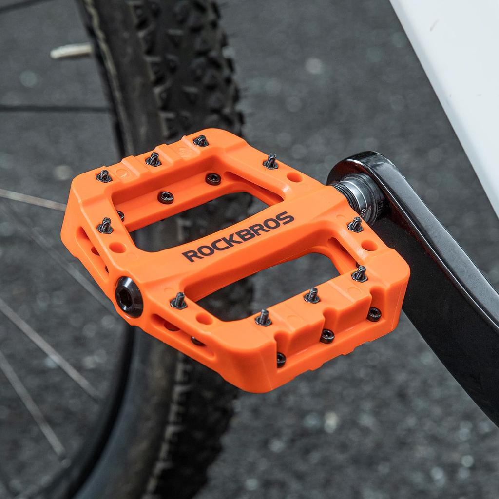 ROCKBROS Bicycle Pedal Flat Pedals Lightweight MTB Pedal Road Bike Nylon Fiber Large Area BMX Left and Right Set Anti-slip 9/16" (Orange)