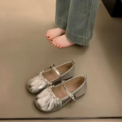 Summer New Style Silver Small Leather Shoes Flat Bottom Pearl Casual Mary Jane Shoes Sweet