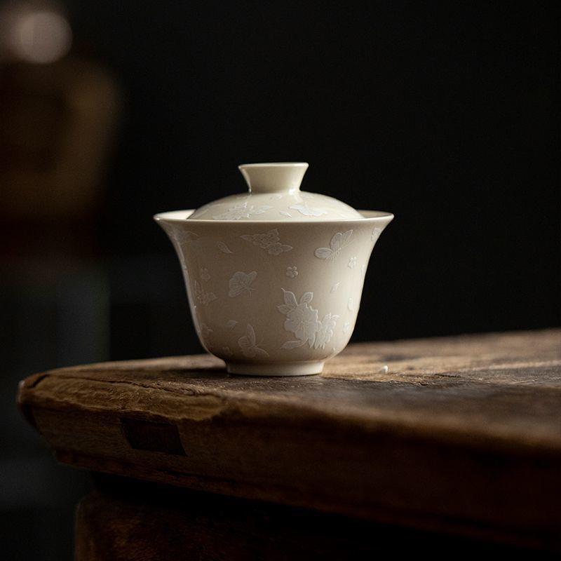 Fragrant Ash Butterfly Gaiwan: Elegant Ceramic Tea Set for Kung Fu Brewing