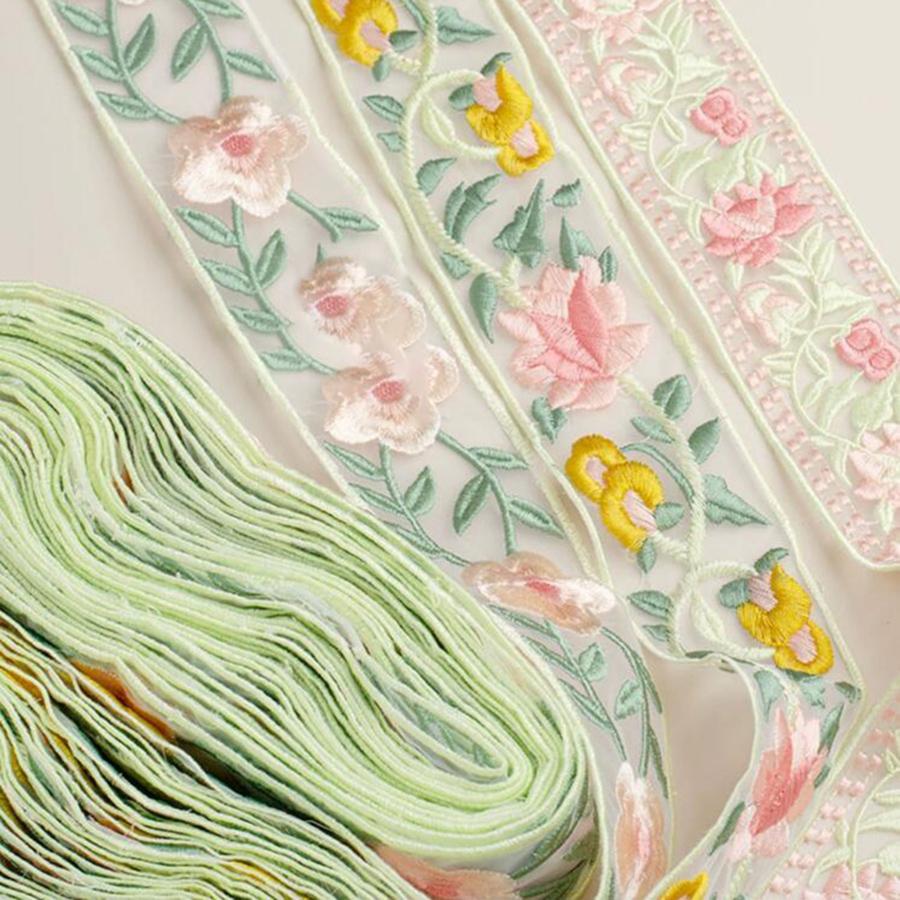 1Yard Pink Green Leaves Flower Lace Fabric DIY Clothes Embroidered Lace Trim Accessories