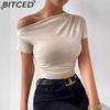 BITCED Spring/Summer Women's Slim-Fit Pleated Asymmetric Hem Short-Sleeved T-Shirt Top