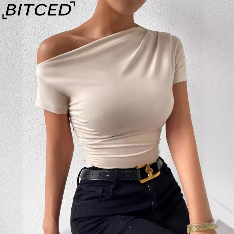 BITCED Spring/Summer Women's Slim-Fit Pleated Asymmetric Hem Short-Sleeved T-Shirt Top