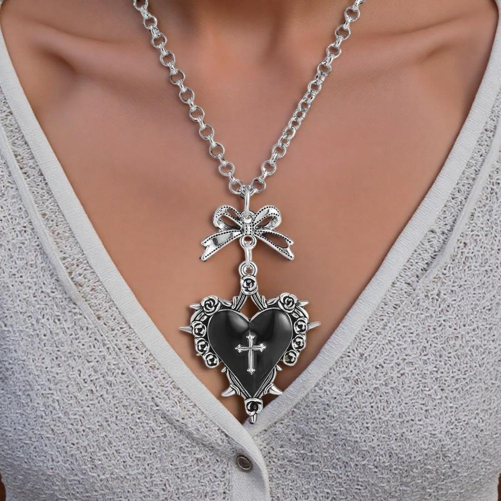 Vintage Gothic Heart Pendant Necklace for Women  Heart Cross Necklace Dark Punk Style Jewelry