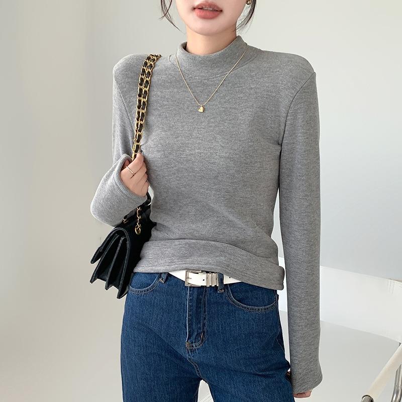 Damen Herbst- und Winter-Basisshirt mit halbohem Kragen, schlank geschnitten, fleecegefüttert, verdickt, winddicht, warm, langärmeliges Oberteil