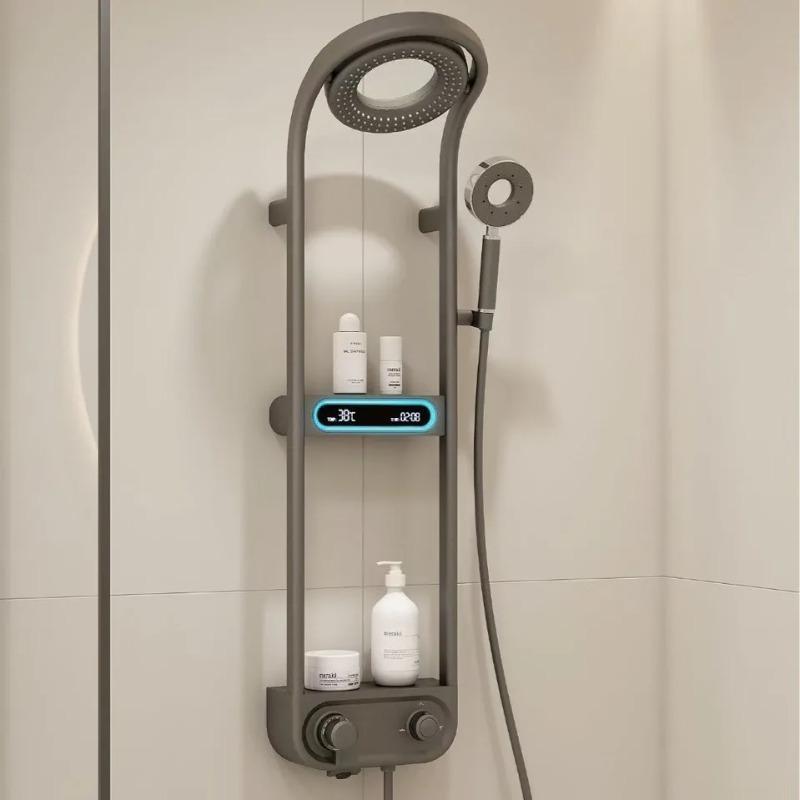 

Новый дизайн, высококачественная ванная комната, серый душевой гарнитур, круглая душевая головка, ванна, горячая и холодная, латунный светодиодный дисплей, смеситель, душевая система