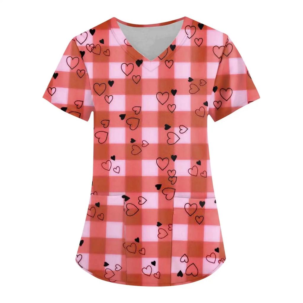 Women's Nursing Uniform with Romantic Heart Pattern Print Women's Short Sleeved Uniform Fashionable Casual and Comfortable