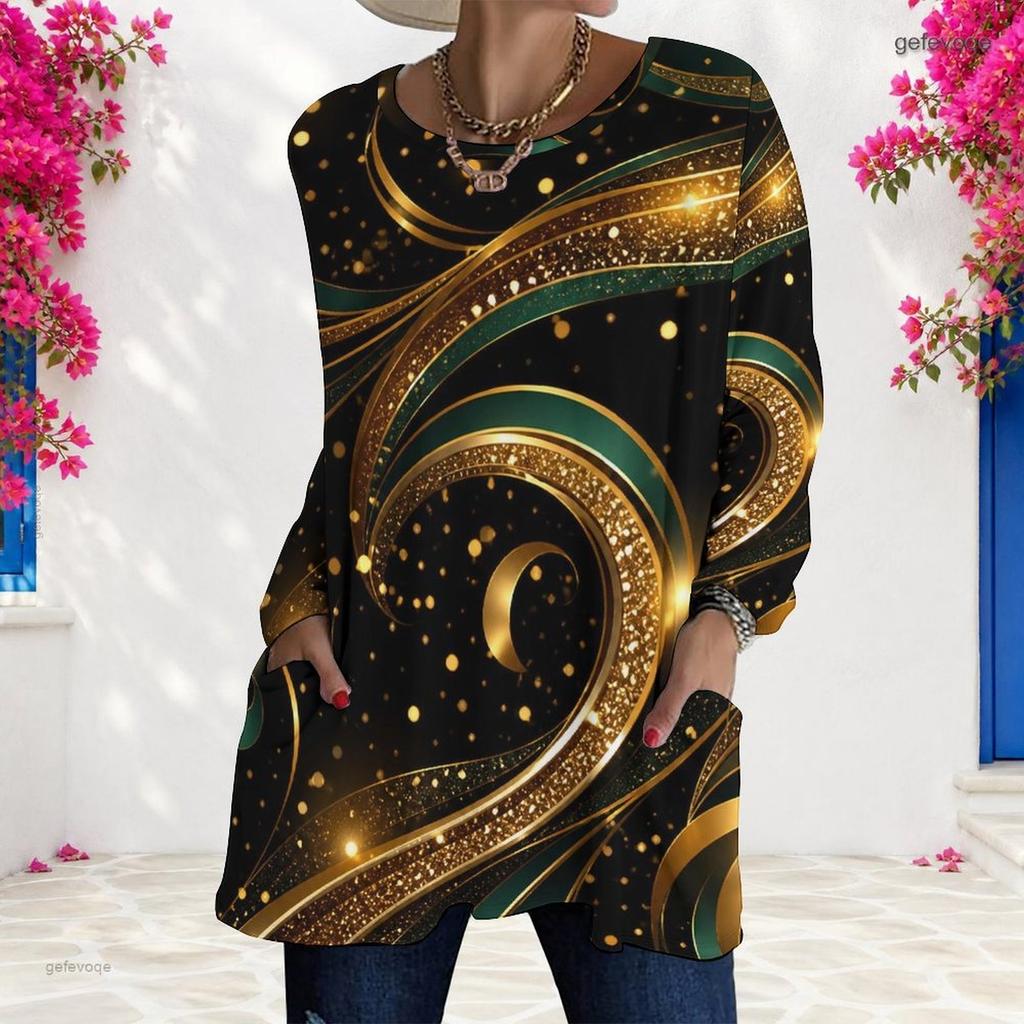 Women Plus Size Round Neck Long Sleeve Black Gold Green Printed Longline T Shirt With Pockets