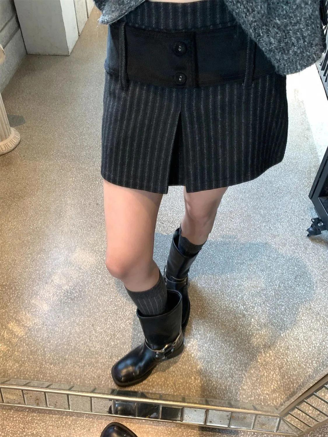 Autumn/Winter High-Waisted Vertical Stripe Plus Size Skirt Pants - Mocha Brushed Anti-Exposure S (85-95 lbs)