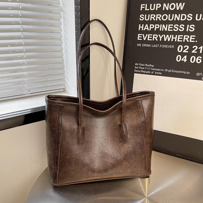 Vintage Large Capacity Faux Leather Tote Bag for Women, Chic Korean Style Commuter Shoulder Handbag, Soft Texture Fashion Work Bag