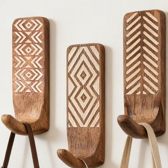 3 Stück verdickte reine Holz-Wandhaken mit Metallverstärkungen, strapazierfähige Kleider-Rucksack-Haken, Heimdekoration