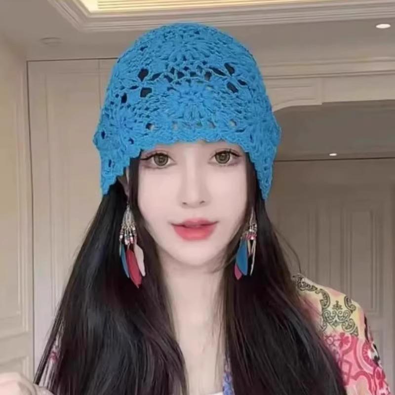 Women's Handmade Knitted Flower Hat Spring Autumn Thin Hollow Retro Literary Style Travel Baotou Stacking Cap