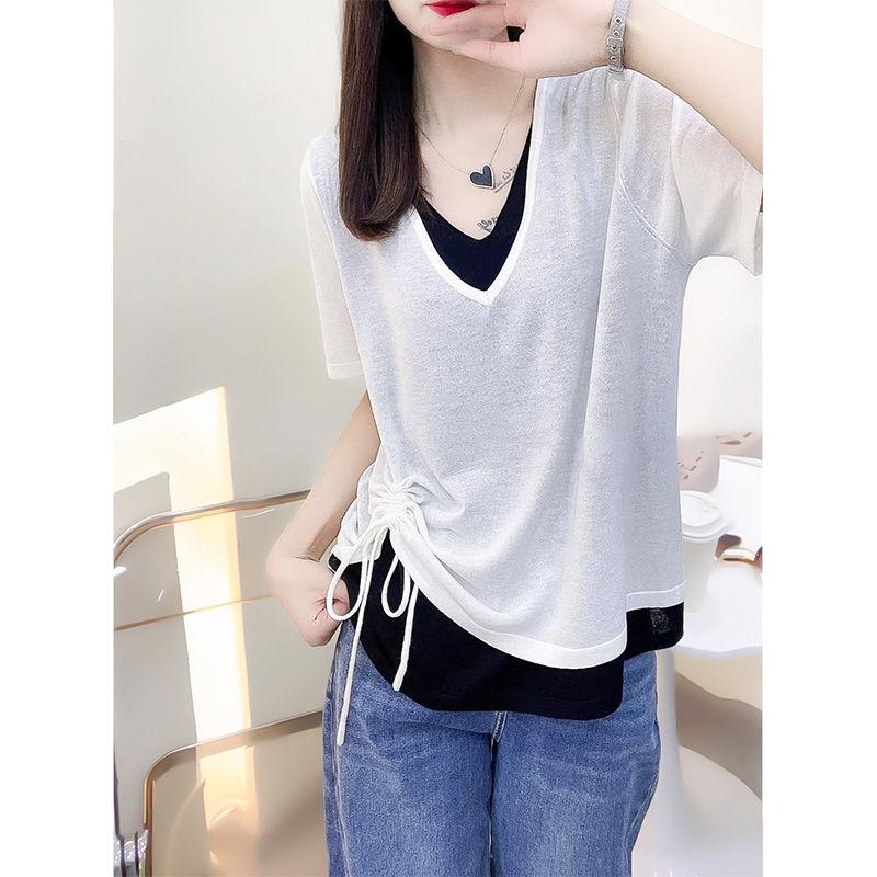 

Футболка из двух частей с короткими рукавами и завязками на шнурке, поддельный шелк Ice Silk, трикотажная футболка для женщин 3XL белый