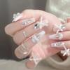24Pcs Mid Length Coffin Press On Nails White Ribbon Bow Rhinestone French Fake Nails Gentle False Nail Tips