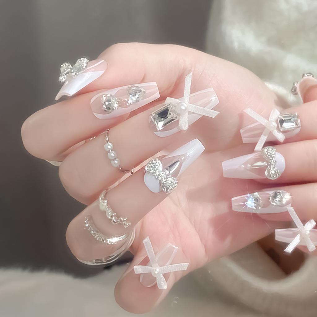 24Pcs Mid Length Coffin Press On Nails White Ribbon Bow Rhinestone French Fake Nails Gentle False Nail Tips