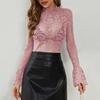 Women Tops Stand Collar Flared Long Sleeve Slim Fit Shirt Solid Color See-through Hollow Embroidery Lace Flower Pattern Tops