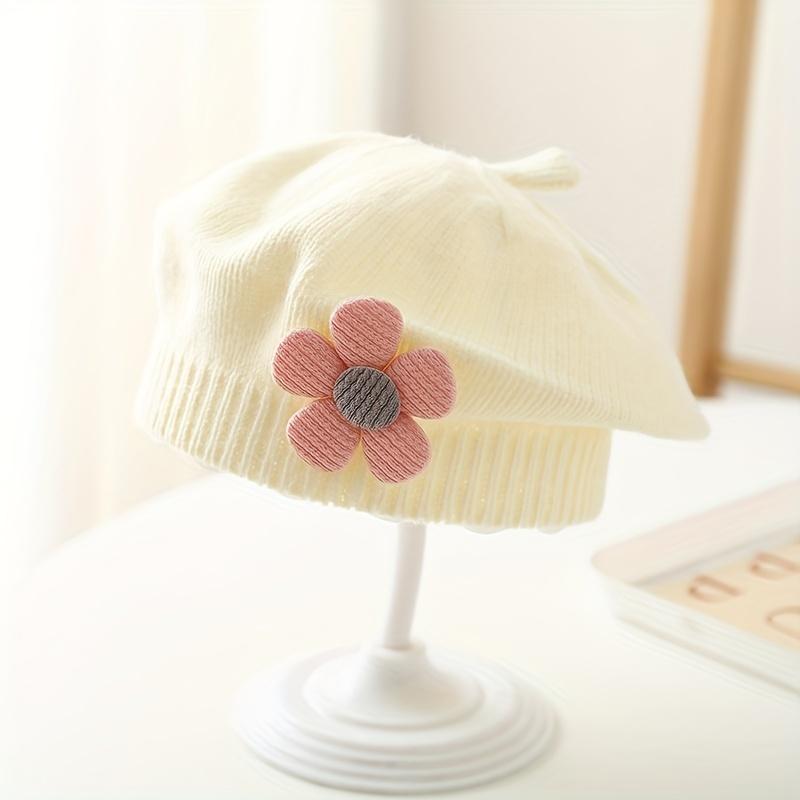 1pc Stretchy Knitted Beret Hat for 0-2 Years - Soft Warm Winter Hat with Floral Embellishment, Foldable Christmas Holiday Outfit